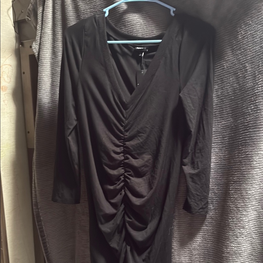 Black Ruched Long Sleeve V-Neck Cocktail Dress